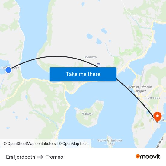 Ersfjordbotn to Tromsø map