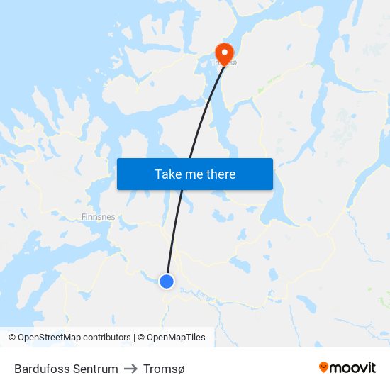 Bardufoss Sentrum to Tromsø map