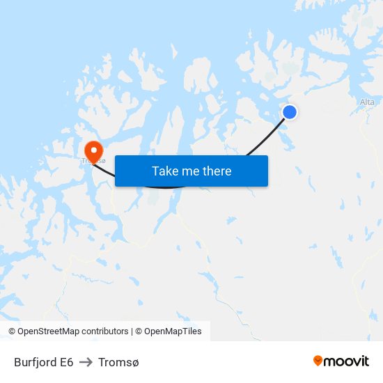 Burfjord E6 to Tromsø map