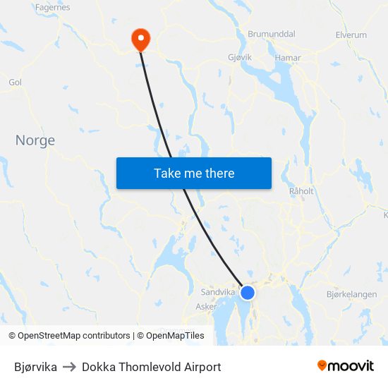 Bjørvika to Dokka Thomlevold Airport map