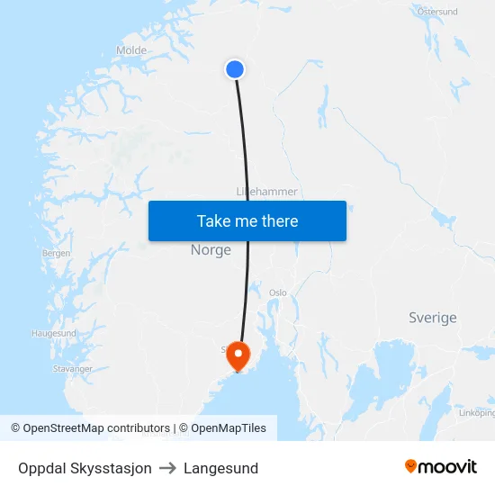 Oppdal Skysstasjon to Langesund map