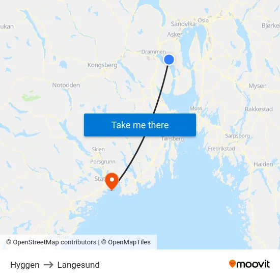 Hyggen to Langesund map