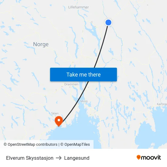 Elverum Skysstasjon to Langesund map