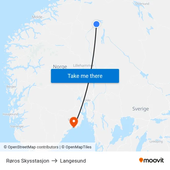 Røros Skysstasjon to Langesund map