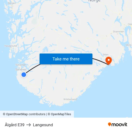Ålgård E39 to Langesund map