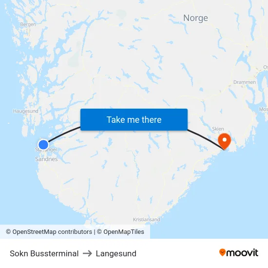 Sokn Bussterminal to Langesund map