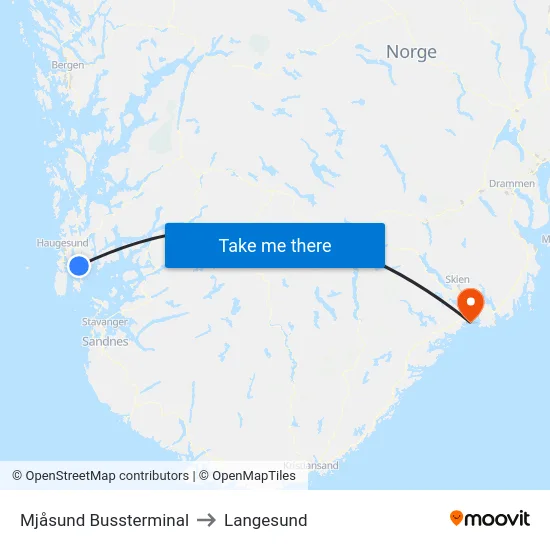 Mjåsund Bussterminal to Langesund map
