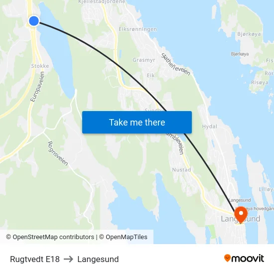 Rugtvedt E18 to Langesund map