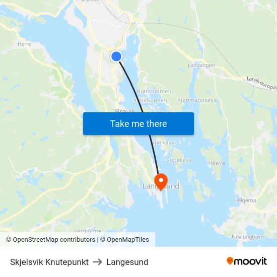 Skjelsvik Knutepunkt to Langesund map
