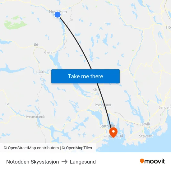 Notodden Skysstasjon to Langesund map