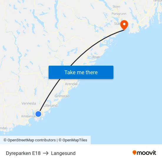 Dyreparken E18 to Langesund map