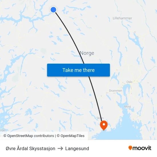 Øvre Årdal Skysstasjon to Langesund map