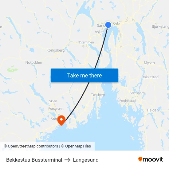 Bekkestua Bussterminal to Langesund map