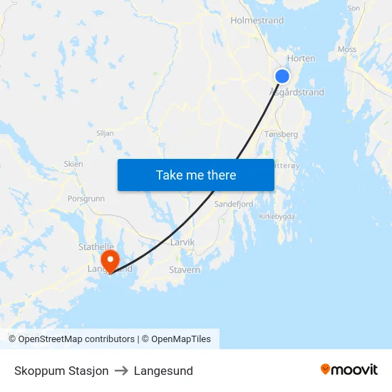 Skoppum Stasjon to Langesund map