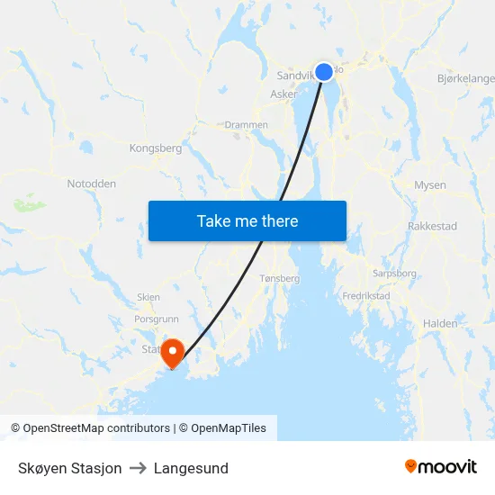 Skøyen Stasjon to Langesund map