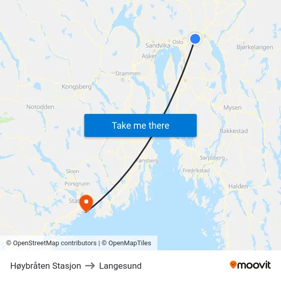 Høybråten Stasjon to Langesund map