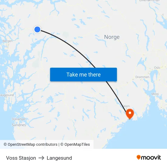 Voss Stasjon to Langesund map