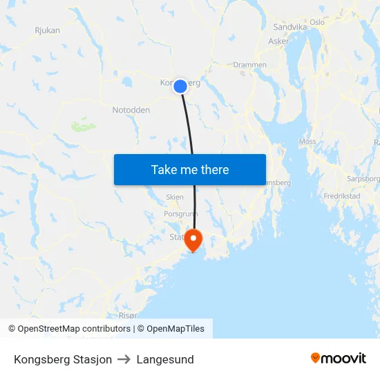 Kongsberg Stasjon to Langesund map