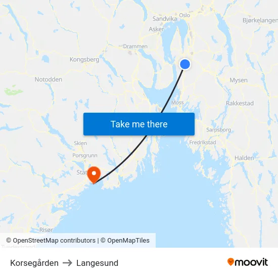 Korsegården to Langesund map