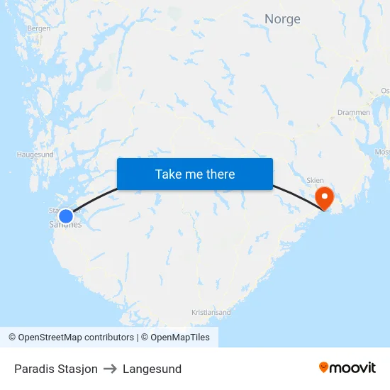 Paradis Stasjon to Langesund map