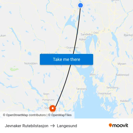 Jevnaker Rutebilstasjon to Langesund map