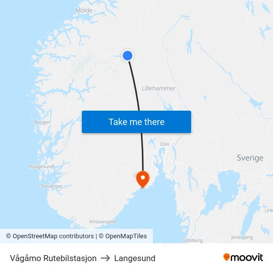 Vågåmo Rutebilstasjon to Langesund map