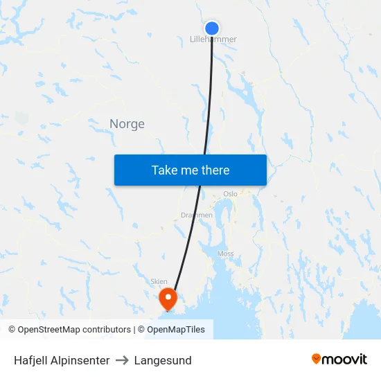 Hafjell Alpinsenter to Langesund map