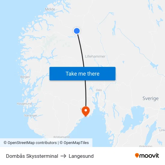 Dombås Skyssterminal to Langesund map
