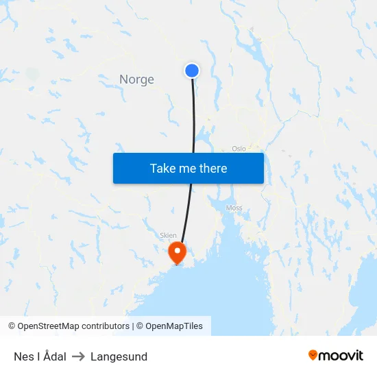 Nes I Ådal to Langesund map