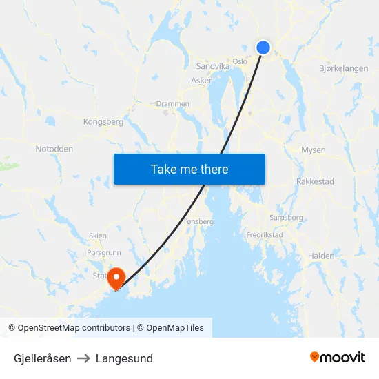 Gjelleråsen to Langesund map