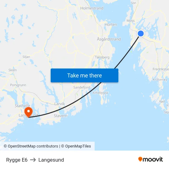 Rygge E6 to Langesund map