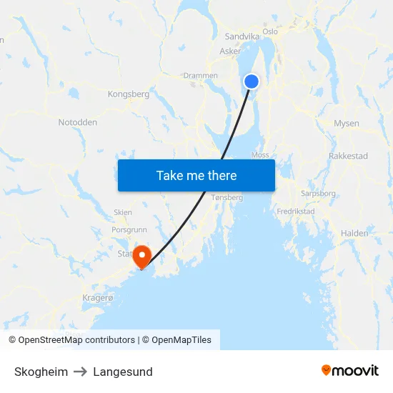 Skogheim to Langesund map