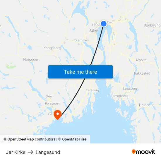 Jar Kirke to Langesund map