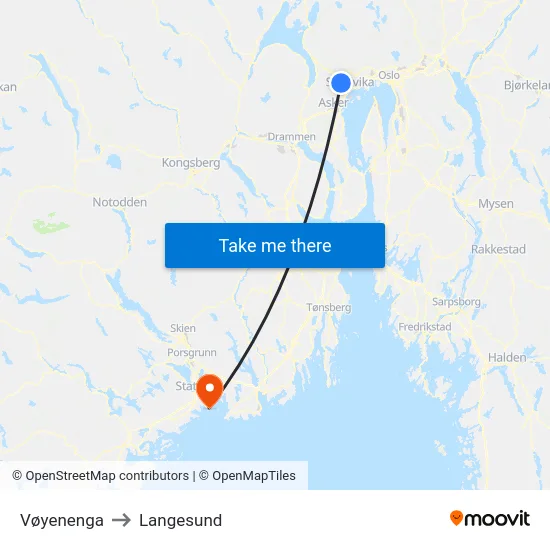 Vøyenenga to Langesund map