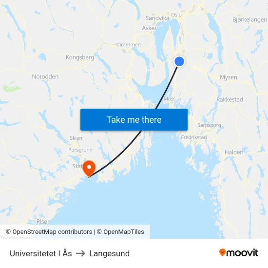 Universitetet I Ås to Langesund map