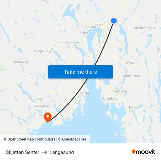 Skjetten Senter to Langesund map