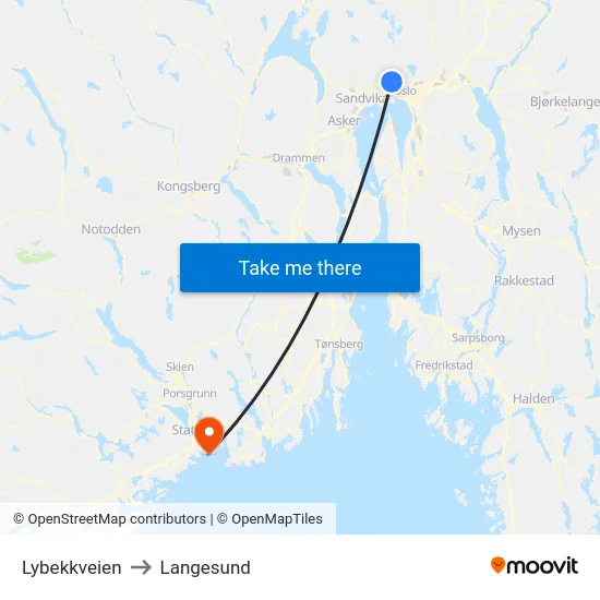 Lybekkveien to Langesund map