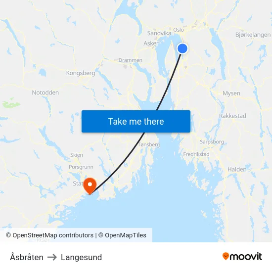 Åsbråten to Langesund map