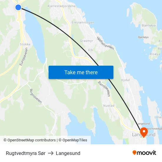 Rugtvedtmyra Sør to Langesund map