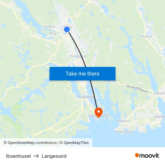 Ibsenhuset to Langesund map