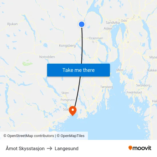 Åmot Skysstasjon to Langesund map