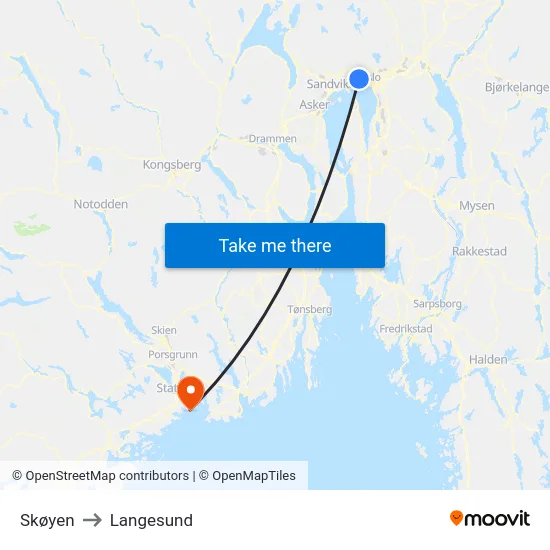Skøyen to Langesund map