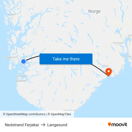 Nedstrand Ferjekai to Langesund map