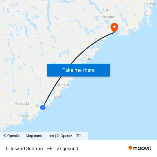 Lillesand Sentrum to Langesund map