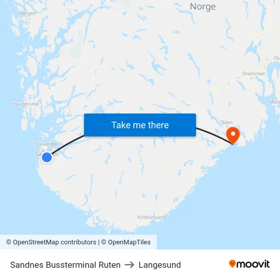 Sandnes Bussterminal Ruten to Langesund map