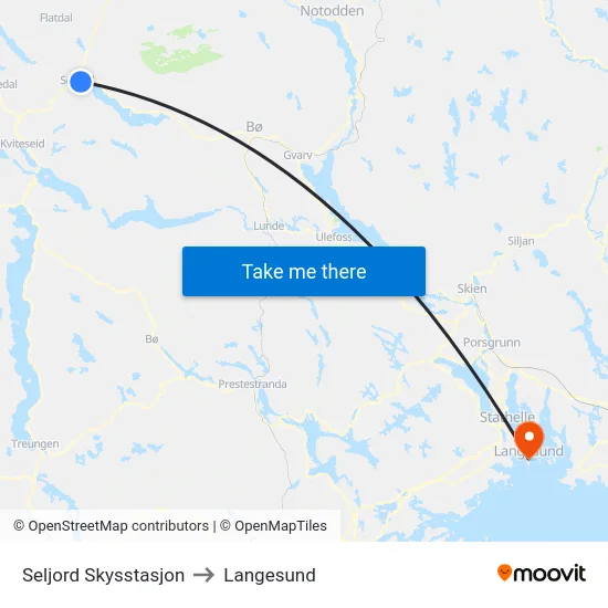 Seljord Skysstasjon to Langesund map