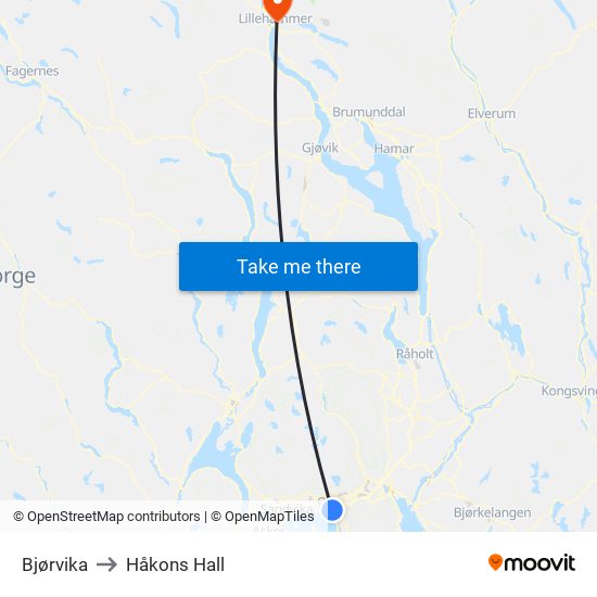 Bjørvika to Håkons Hall map