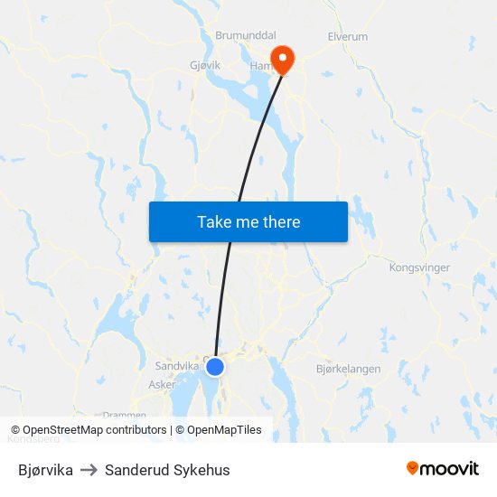 Bjørvika to Sanderud Sykehus map