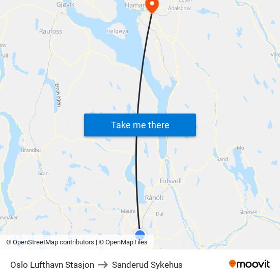 Oslo Lufthavn Stasjon to Sanderud Sykehus map