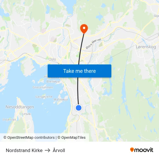 Nordstrand Kirke to Årvoll map